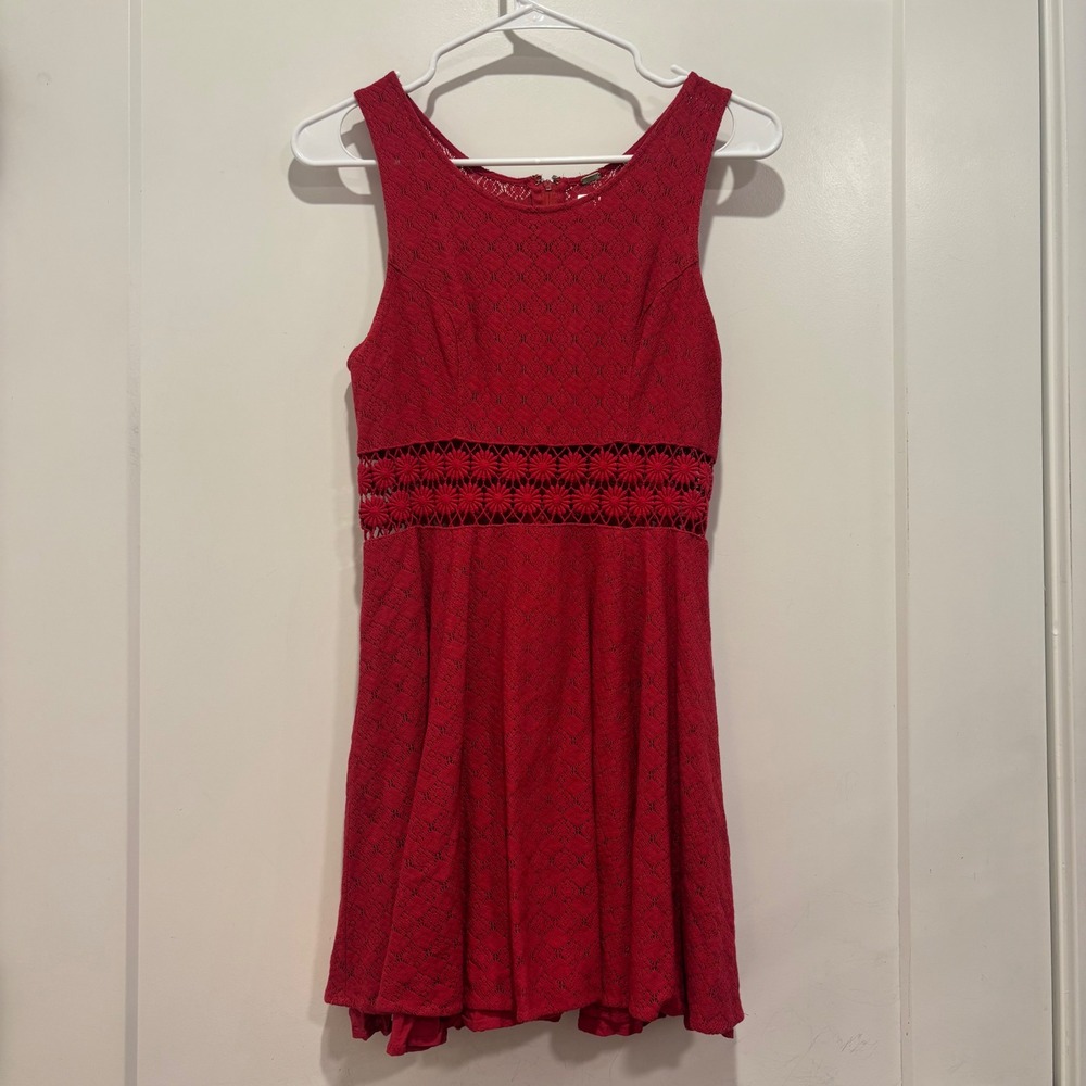 Free People Red Crochet Daisy Cutout Mini Dress Sleeveless Fit & Flare Boho